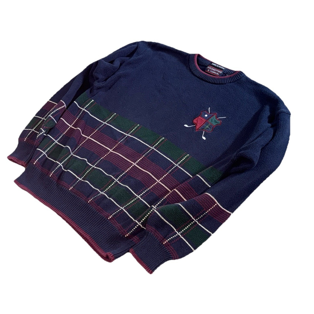 Roundtree & Yorke Vintage 90s Men L Sweater Argyle Golf Navy Blue Varsity Retro